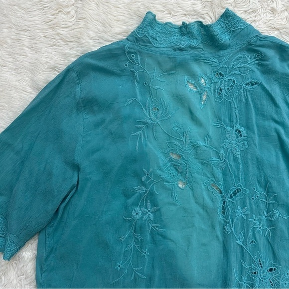 Johnny Was Top Kimono Short Sleeve Tie Front Embroidered Light Blue L - Picture 4 of 11